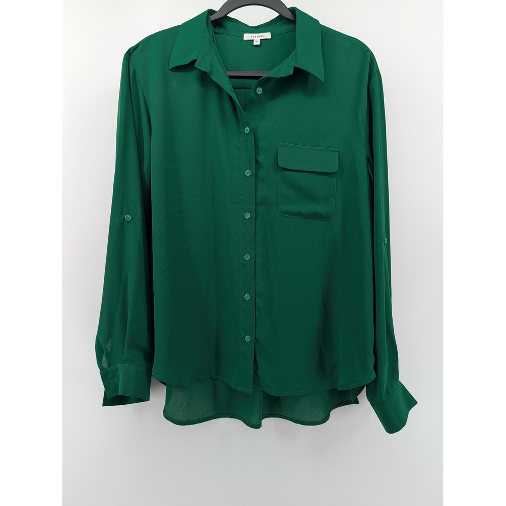 Pleione Blouse Womens Medium Green Excellent Roll Tab Sleeve Button Up Pocket